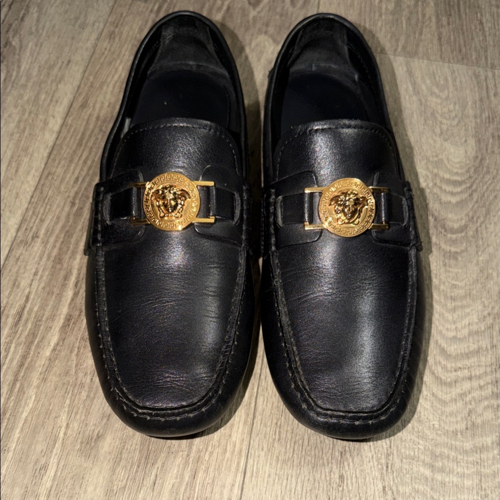Versace Black Loafers with Gold Emblem